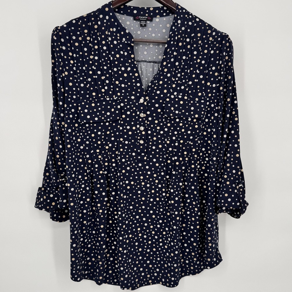 Cocomo Woman Blouse Womens 1X Blue Polka Dot Roll Tab Tunic Top V Neck Pleated