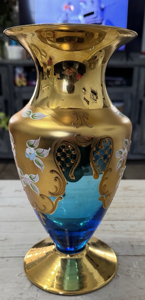 Vintage Bohemian Gilt Overlay And Enamel Cobalt/Teal Blue Glass Vase