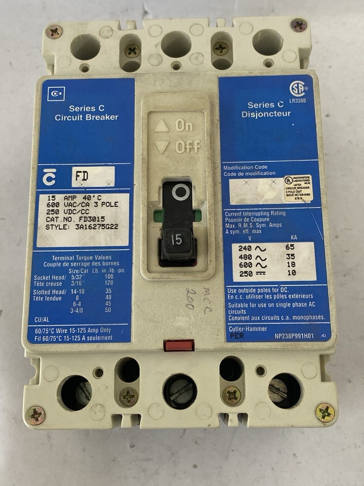 Westinghouse Circuit Breaker 3 Pole, 15 Amp, Cat# Fd3015