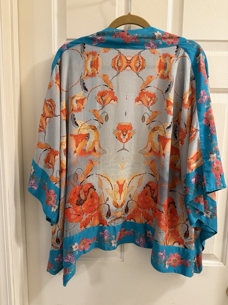 Soft Surroundings Women’s L/XL Floral Open-Front Kimono 3/4 Sleeve Blue