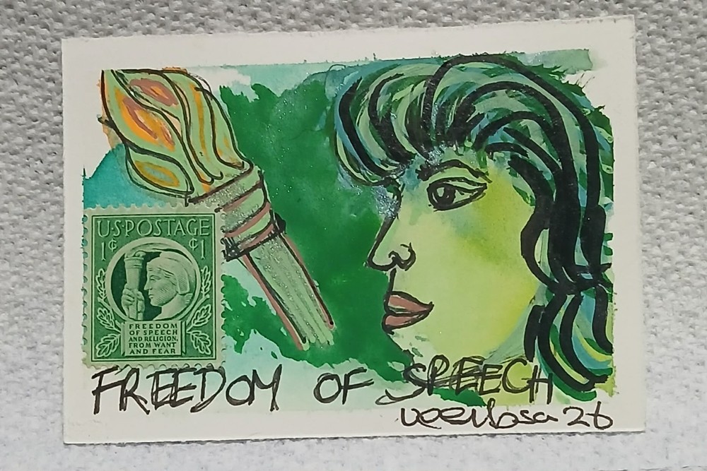 1¢ Freedom of Speech Postal Whimsy OOAK ACEO Watercolor Scribble by Virginia