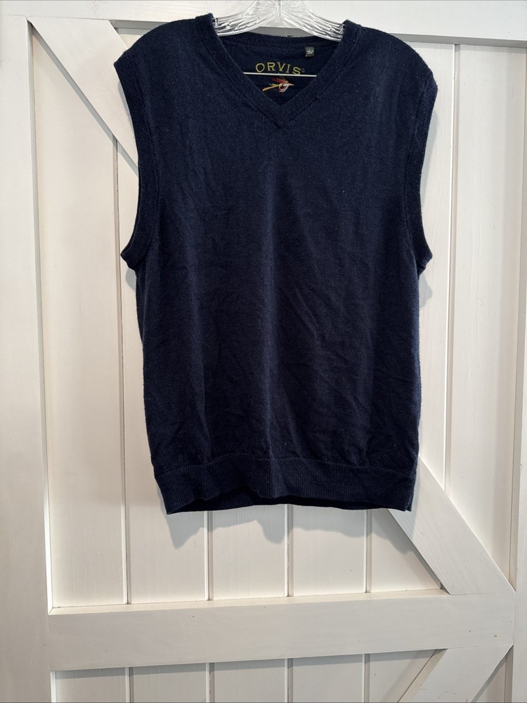 Orvis Sweater V-Neck Vest Mens Size  Large Navy Blue  100% Merino Wool