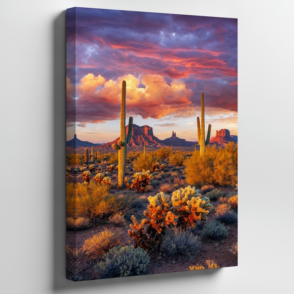 Wall Art Breathtaking Desert Landscape At Sunset, Showcasing Towering Saguaro