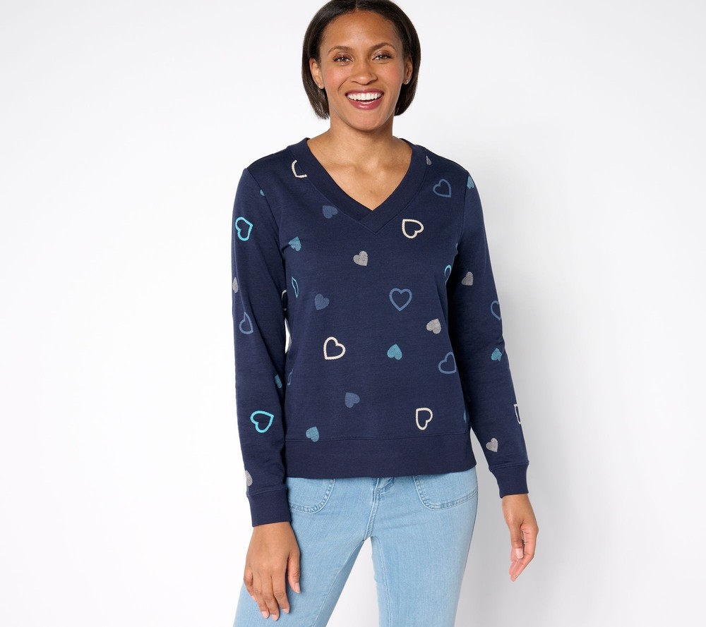 Spartina 449 Women's Top Plus Sz 1X Cozy Knit French Terry Heart Blue A675265
