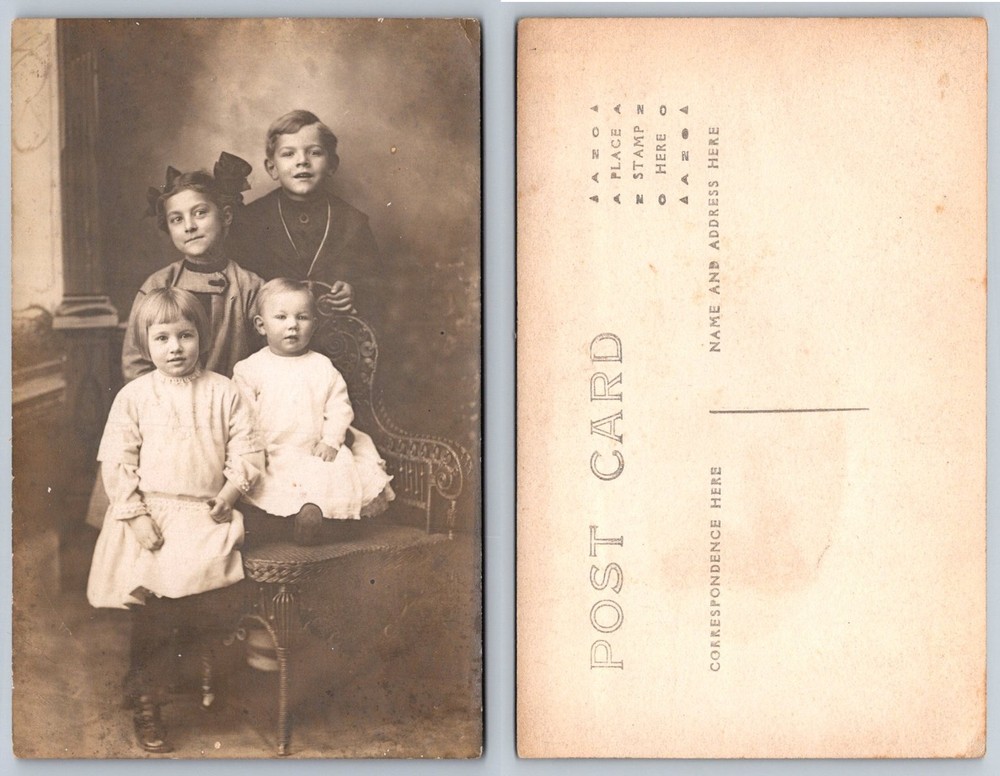 RPPC Vintage Postcard Four Children Studio Portrait Siblings AZO Photo 1910s