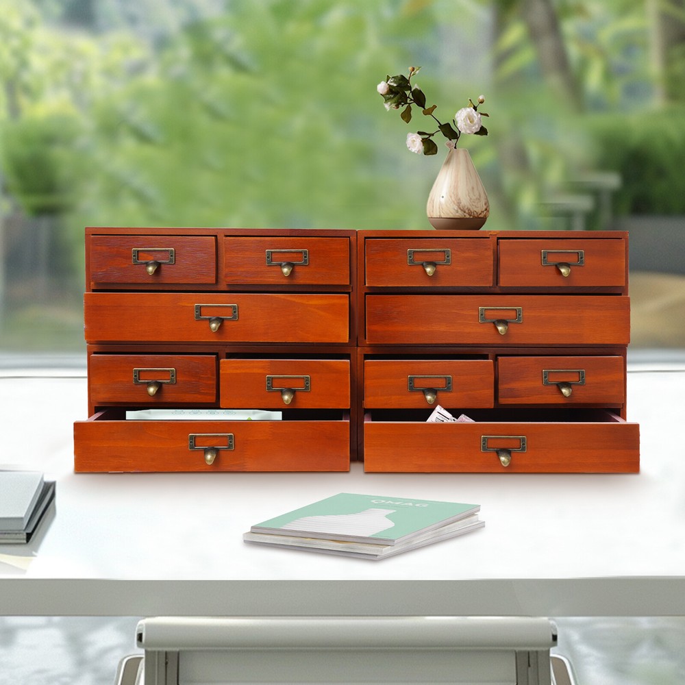 4 Pack 3 Drawer Wooden Desktop Organizer Drawer Storage Box For Tabletop- Brown