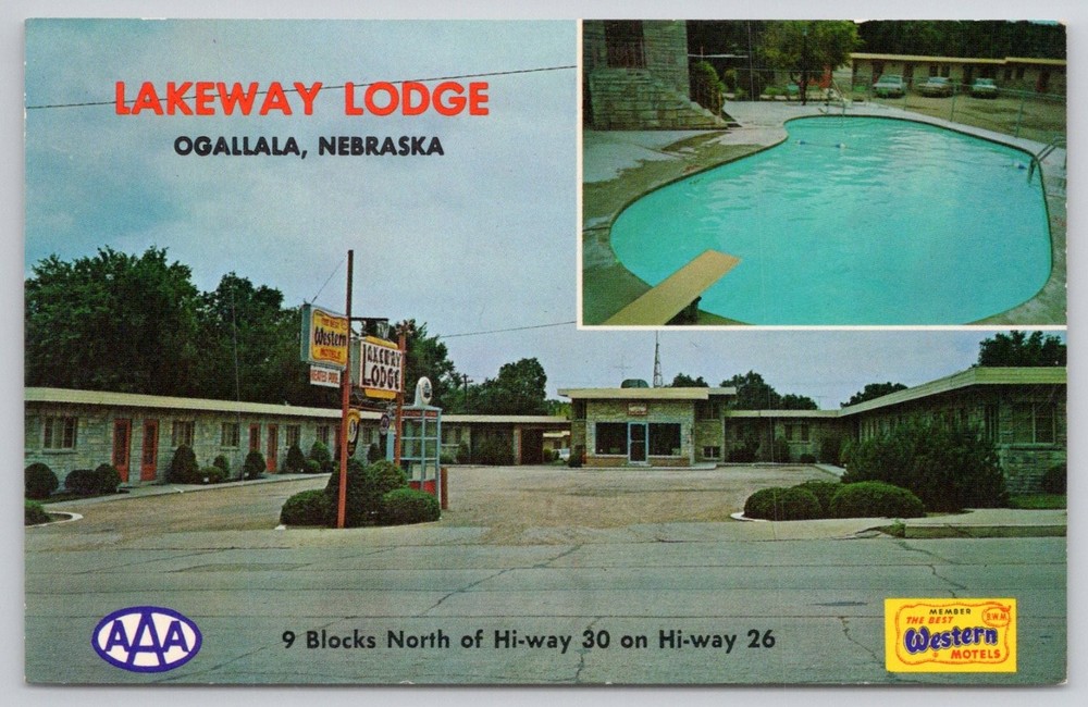 Vintage Lakeway Lodge Ogallala Nebraska Postcard Motel Pool AAA Western Motels