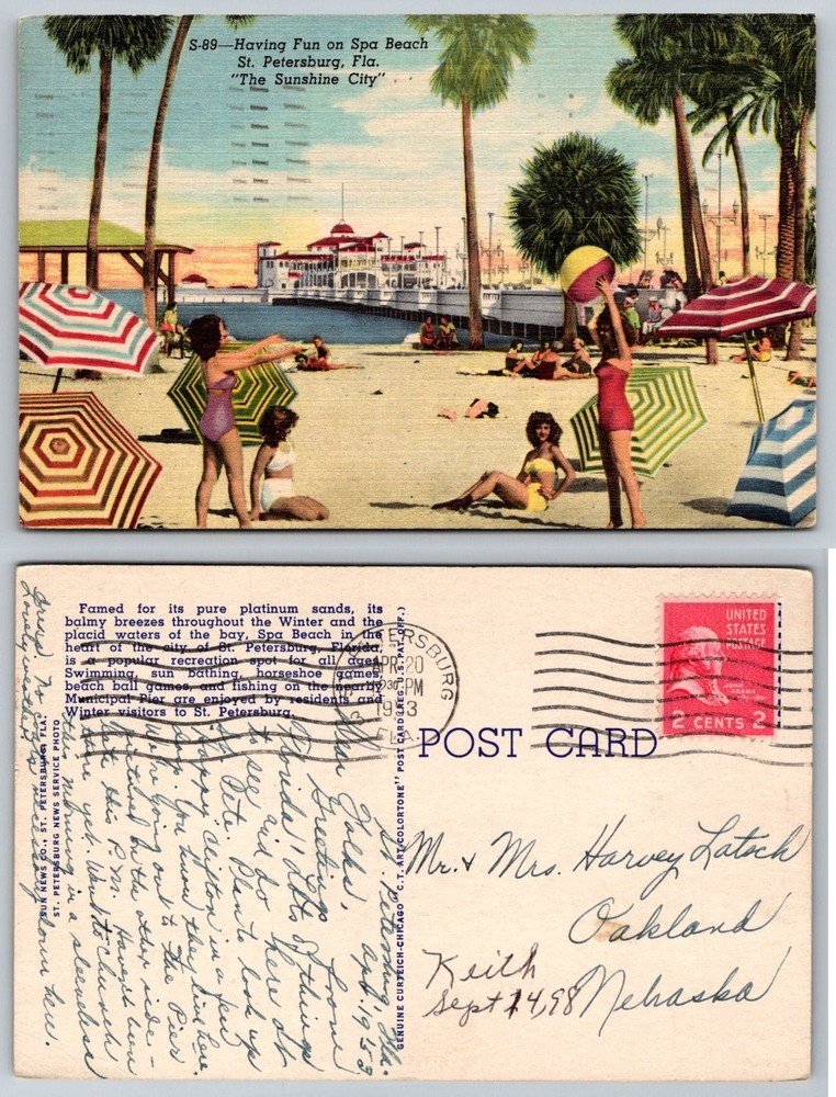 Spa Beach St. Petersburg, FL Vintage Linen Postcard 1953 