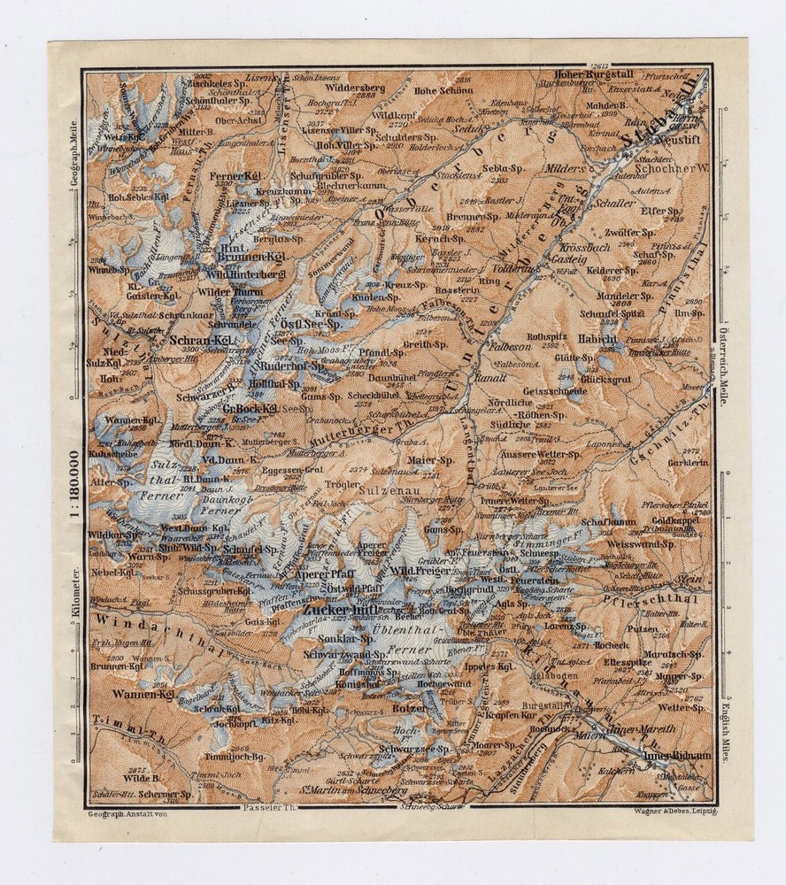 1910 Antique Map Of Vicinity Of Zuckerhütl / Stubai Alps / Tyrol Austria