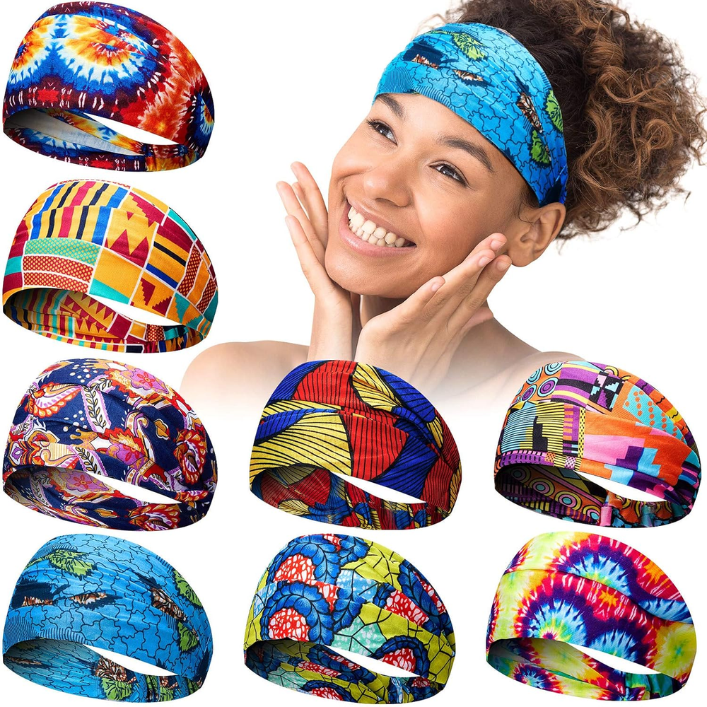 8 Pieces African Headband Stretchy Boho Print Headband Yoga Sports Workout Wide