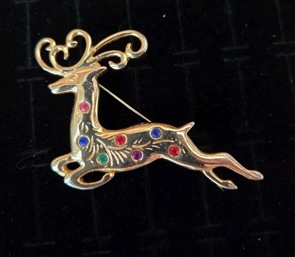 Vintage  Rhinestone CHRISTMAS Brooch Pin Gold Tone Large Prancing Reindeer 3