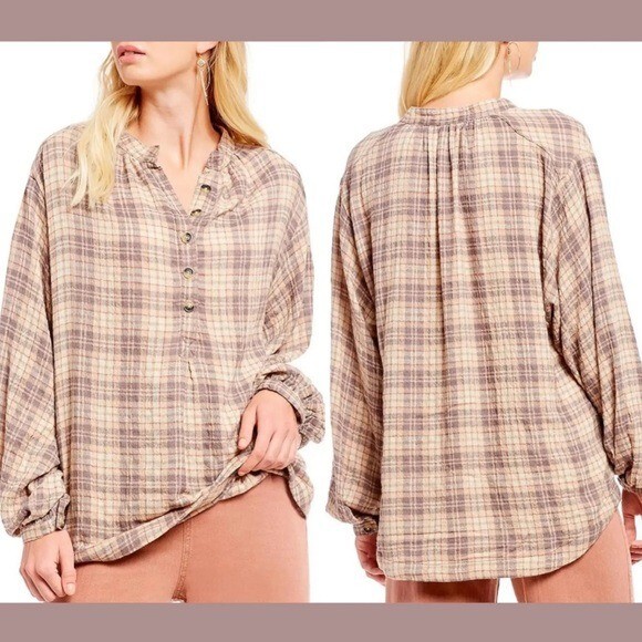 Free People Womens Northern Bound Plaid Shirt in Beige Combo Size Small