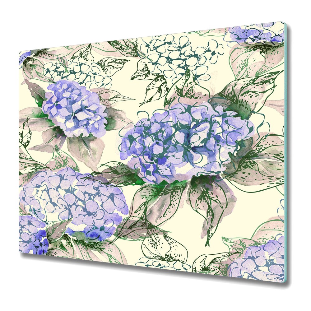 Glass Induction Ceramic Hob Cover Hortensia green and purple large 60x52