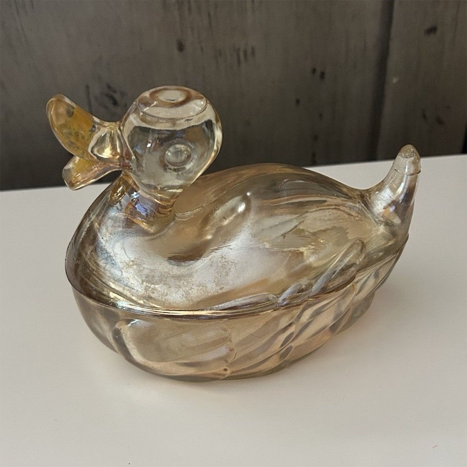 Unmarked Clear Amber Glass Duck Figurine Trinket Dish Bird Theme Dish