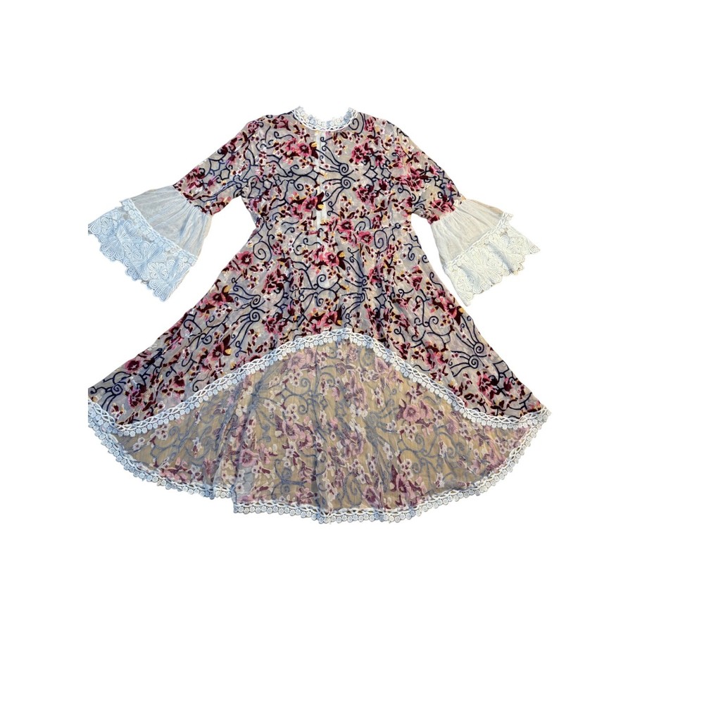 Fairycore Floral Velvet Bell Sleeve Midi Dress XL cottagecore Boho Romanic Lace
