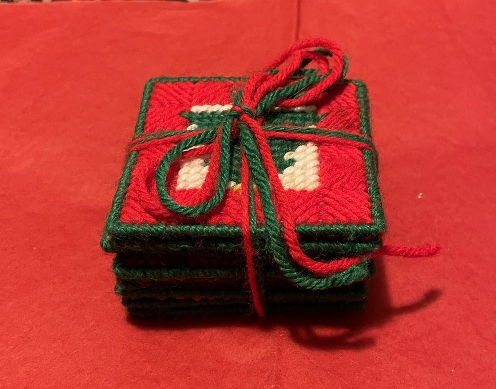 Vintage Plastic Canvas Yarn Needlepoint Christmas Coasters Lot of 8