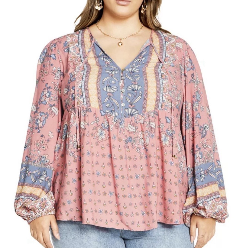 City Chic Angel Falls Top US 12 XXS Blush Boho Peplum NWT Tie Neck Button
