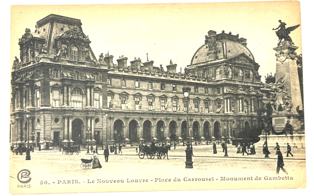 Vintage Paris Louvre Postcard ~ Monument de Gambetta & Carrousel View