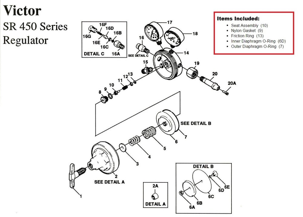 Victor SR450D Oxygen Regulator Rebuild/Repair Parts Kit 0790-0102