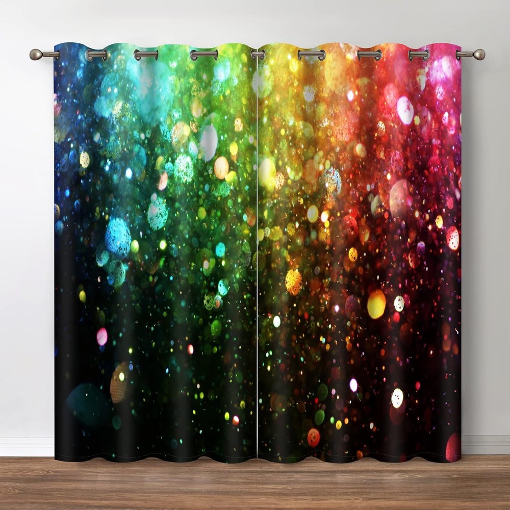 Rainbow Theme Blackout Curtains - Colorful Dots Glitter Sparkling Print 70% Bla