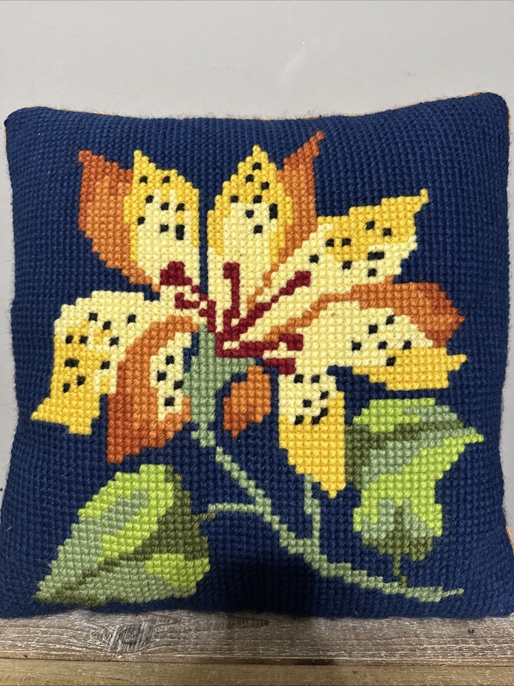 Handmade Multicolor Lilly Needlepoint or Cross-Stitch Pillow