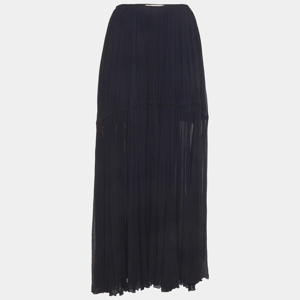 Chloe Navy Blue Crinkle Chiffon Tiered Maxi Skirt M