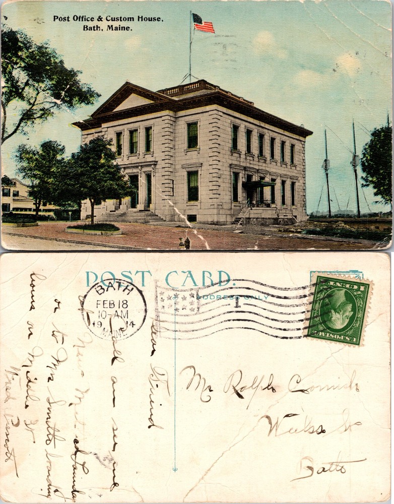 Post Office and Custom House Bath Maine ME Postcard