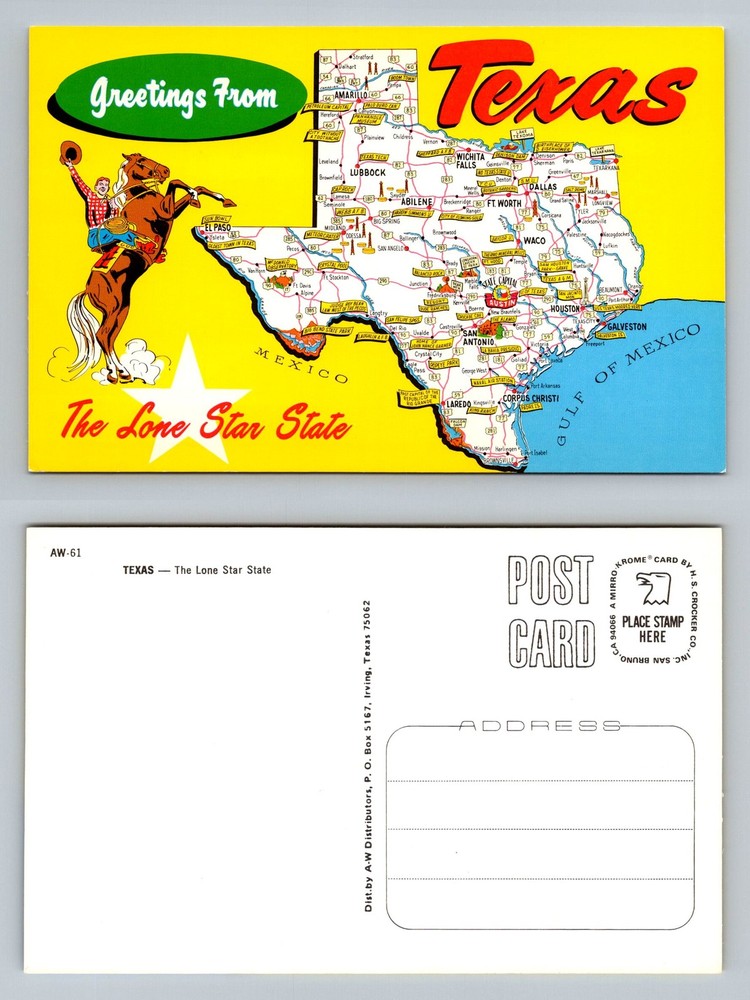 Texas, TX-Texas, Greetings From Lone Star State Map Cowboy Vintage Postcard