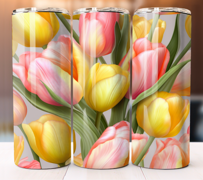 Tulips Floral Bloom Patterly Flowers Tumbler 20oz Skinny Cup Mug Lid w/ Straw