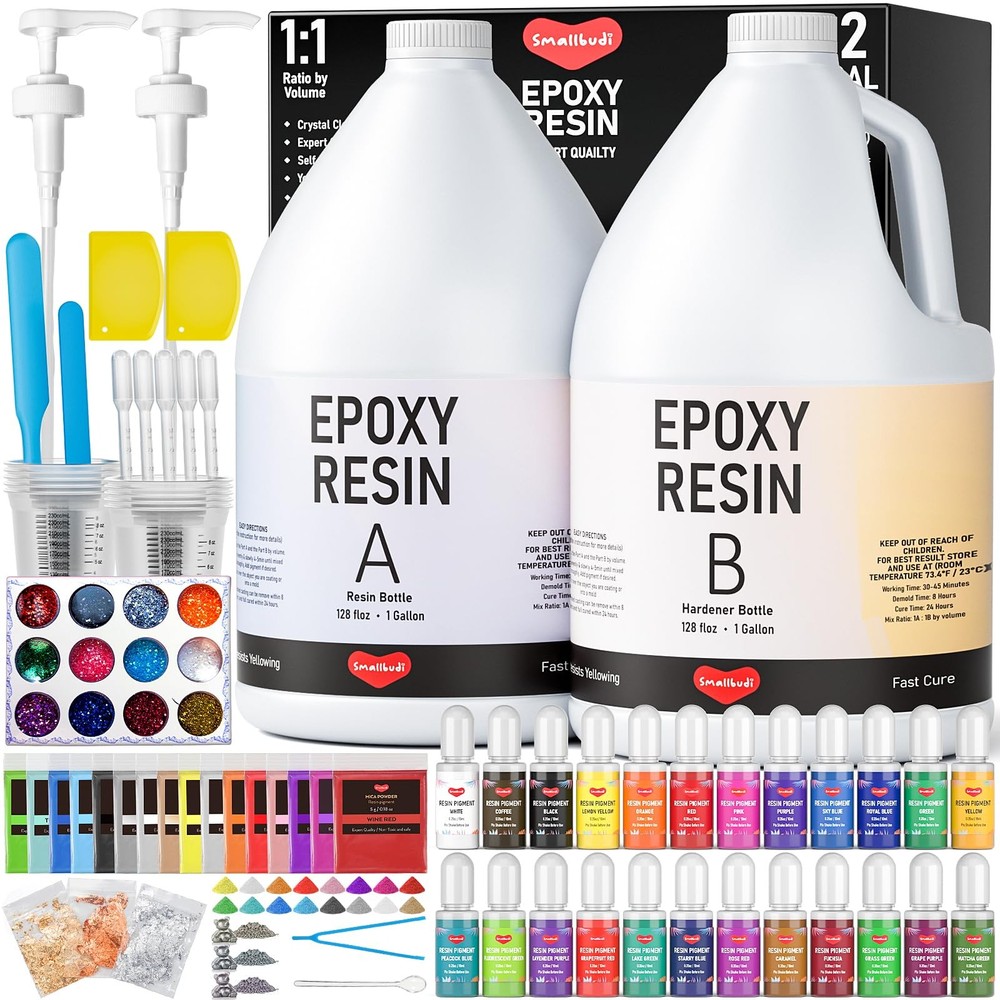 2 Gallon Epoxy Resin Kit with Pumps, Pigments, Mica Powder & Gold Foil