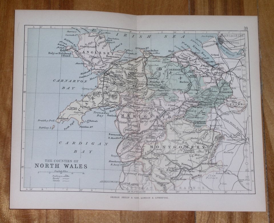 1882 Antique Map Of North Wales Montgomery Merioneth Denbigh Carnarvon Anglesey