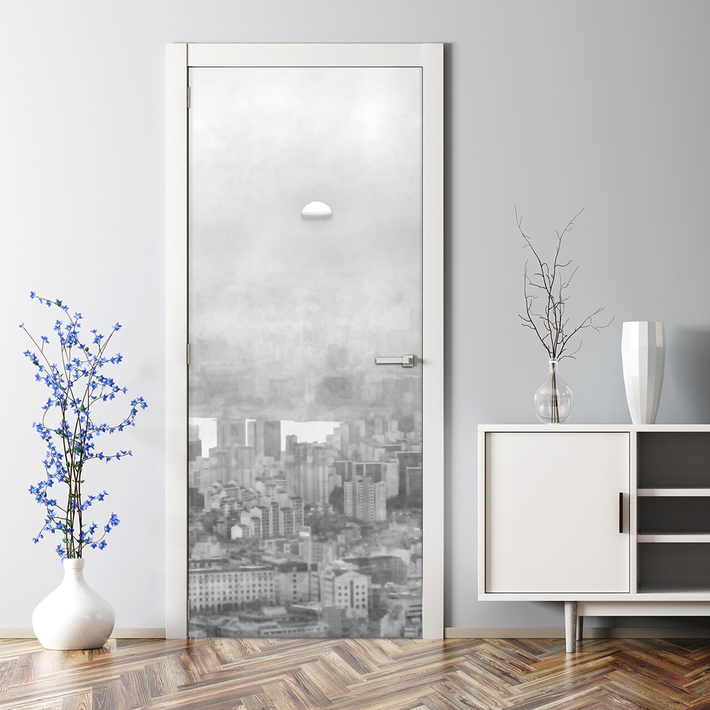 Black and White Watercolor Cityscape Abstract Door Decal