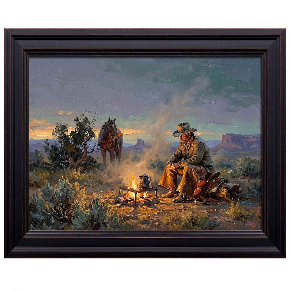 Cowboy Campfire Poster, Western Desert Sunset Wall Art Decor
