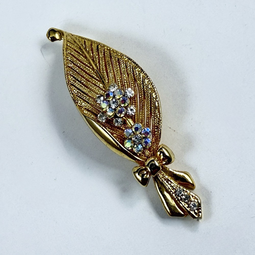 Vintage 90s to More Modern Rhinestone Leaf with Bow Brooch Pin