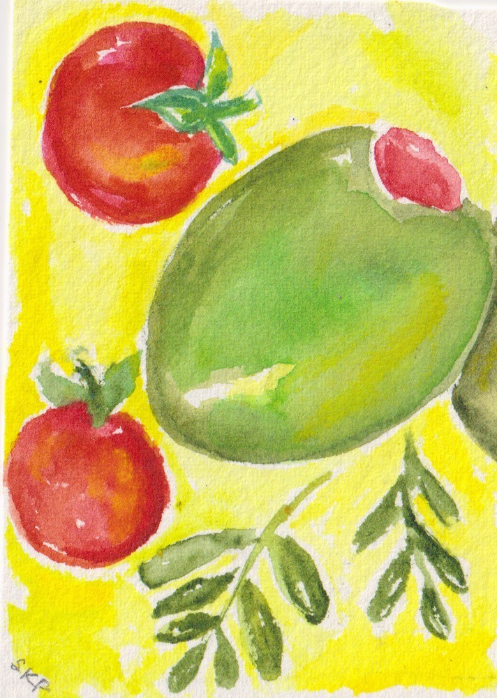 Original ACEO Green olive, cherry tomato, herb Watercolor Painting Sharon Foster