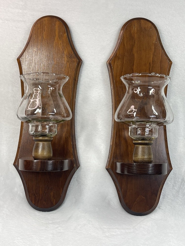 Vintage Set of 2 Wood Wall Sconces w Glass Votive Cups Country Colonial Style