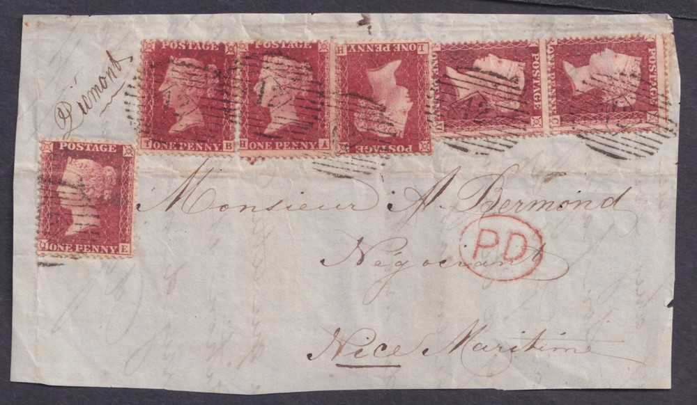 c.1860 1d Red SG 40 x6 HA LH QE RC-SC TB 6d Rate London to France Front Only VGU