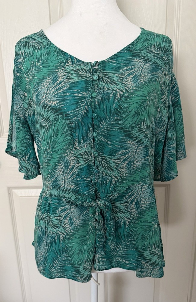Women Blouse Democracy Green Leaf Print Top Size Petite Large Short Sleeve Boho