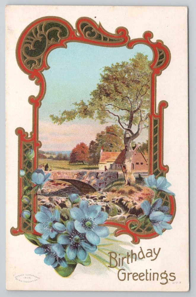 1908 Birthday Greetings Postcard Embossed Blue Flowers Country Bridge Landscape