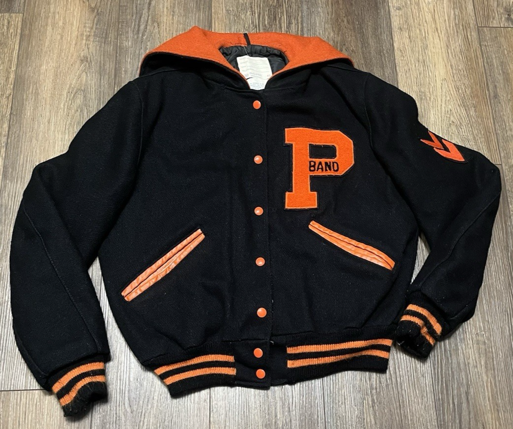 VTG Delong Varsity Band Letterman Jacket Size 40 Wool Leather Black Orange Retro