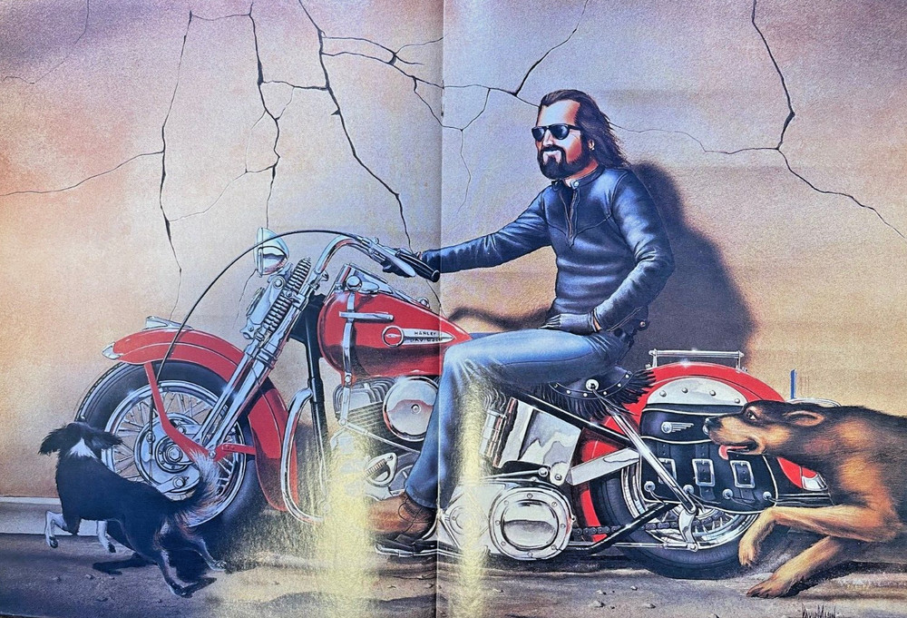 David Mann Poster Dogs Checking Out Motorcycle Rider