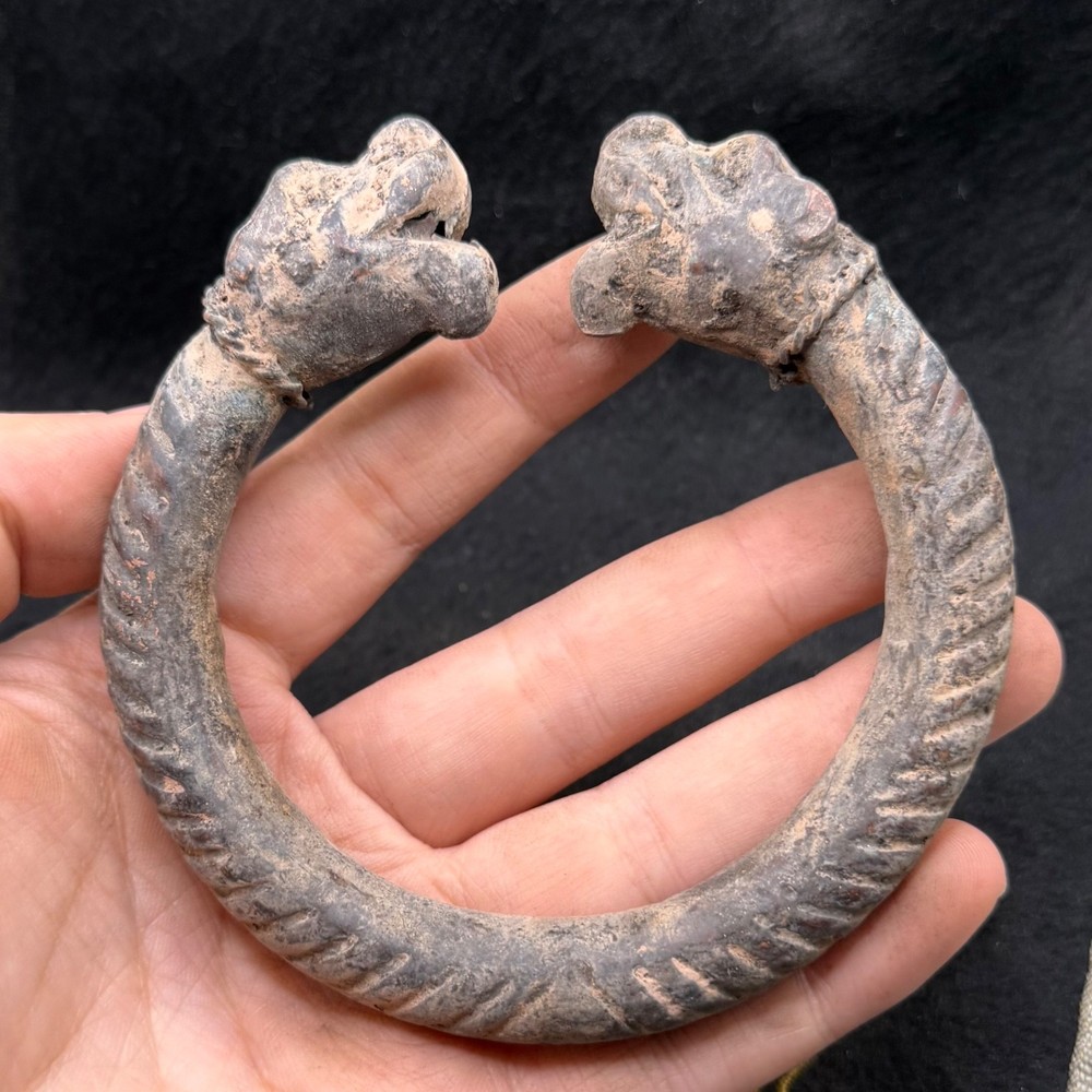Ancient Roman Greek Bronze Bangle With Rare Animal Head