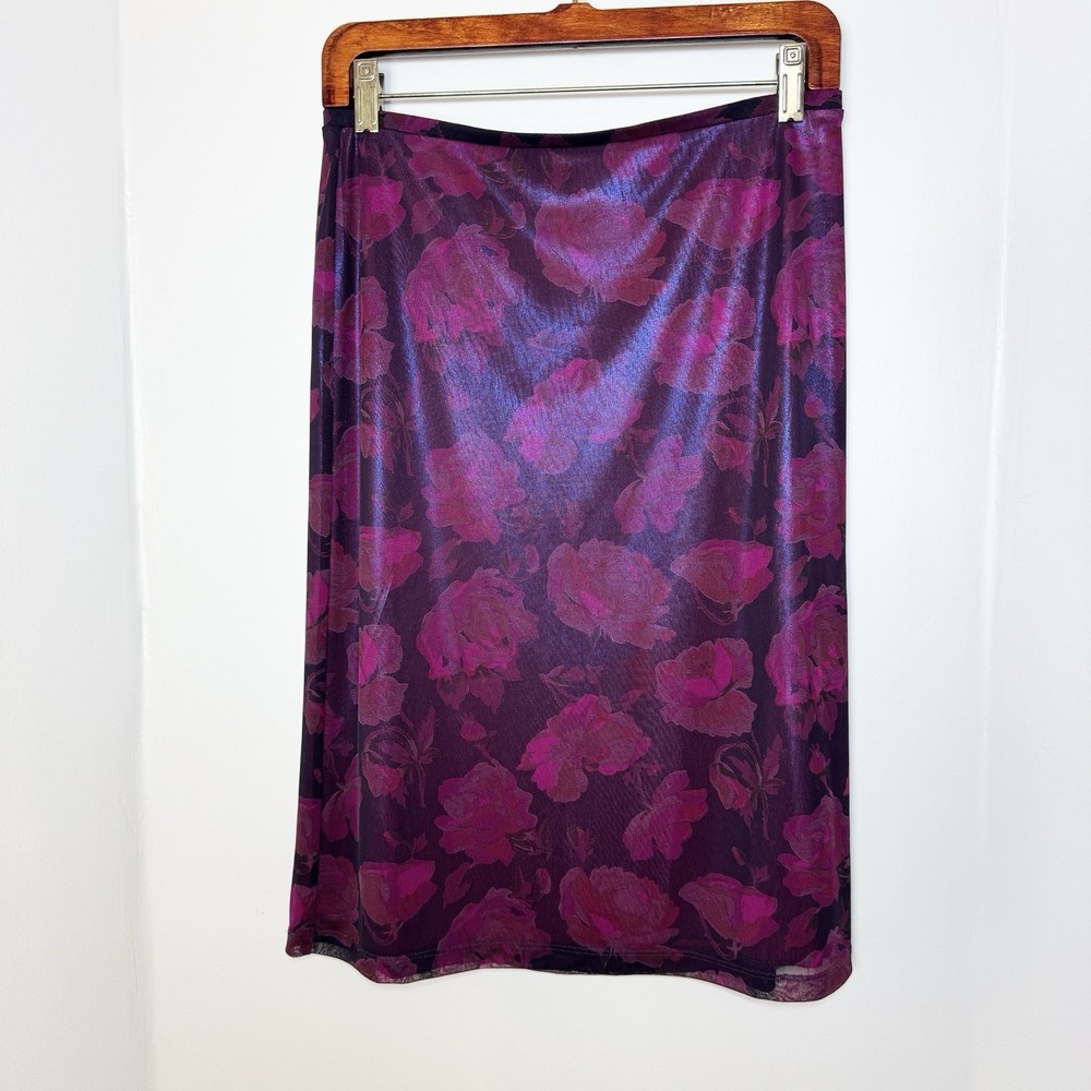 Vtg Y2K Express Iridescent Floral Midi Skirt S Red Fairy Grunge Romantic Whimsy