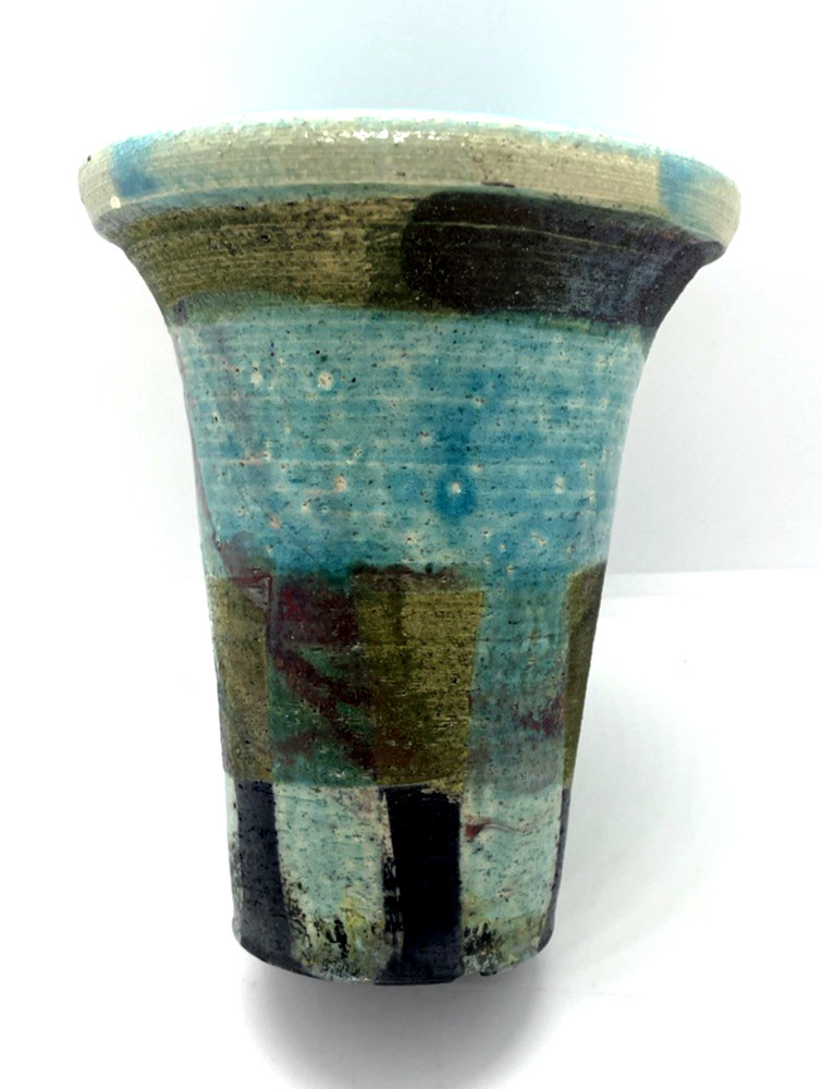 Vintage Raku Studio Art Pottery Turquiose Iridescent Vase Abstract