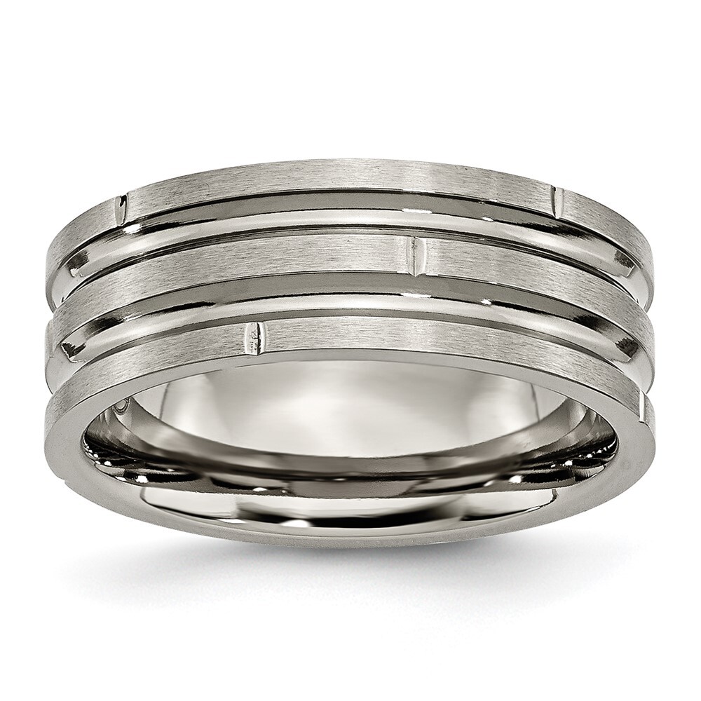 Titanium Polished and Satin 8mm Grooved and Notched Band Ring Size 11