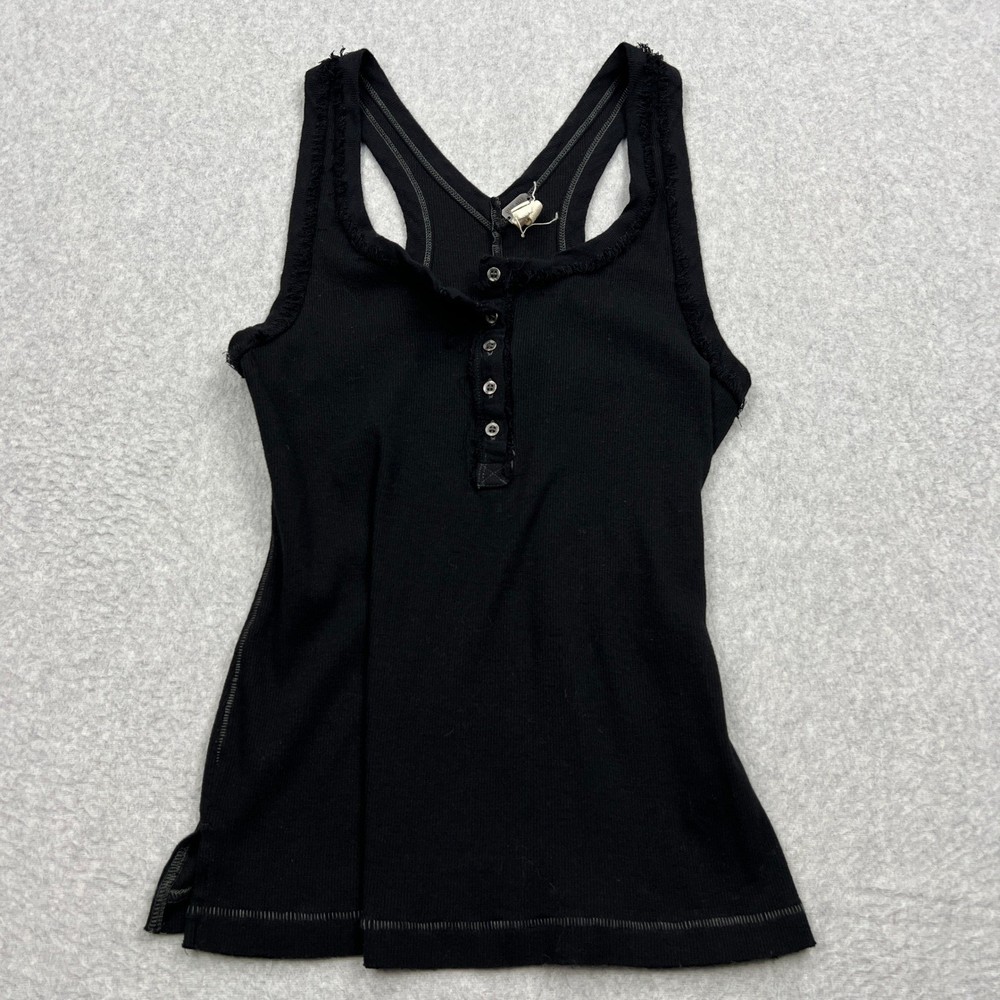 We The Free People Raw Edge Henley Tank Top Women's Medium Black Ribbed Frayed