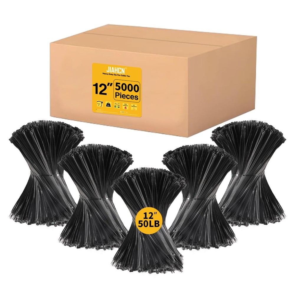 5000 Pack 12-Inch Black Heavy-Duty Zip Ties 50lbs Tensile Strength Cable Ties