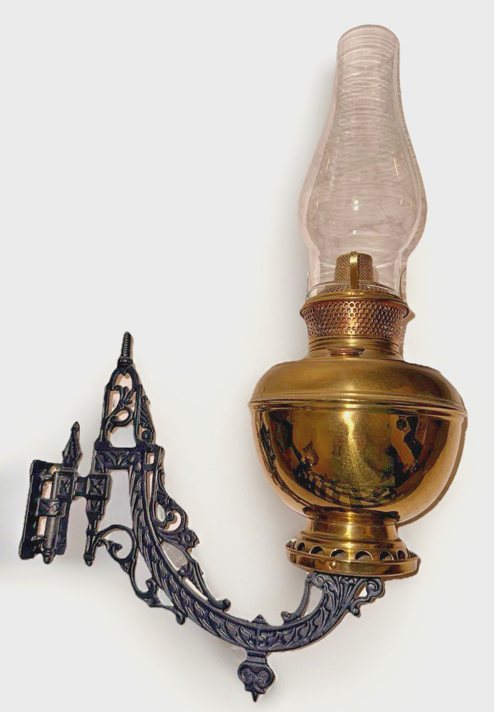 THE B&H Oil Lamp Brass w/ Orig. 1881 Cast Iron Wall Bracket Bradley and Hubbard