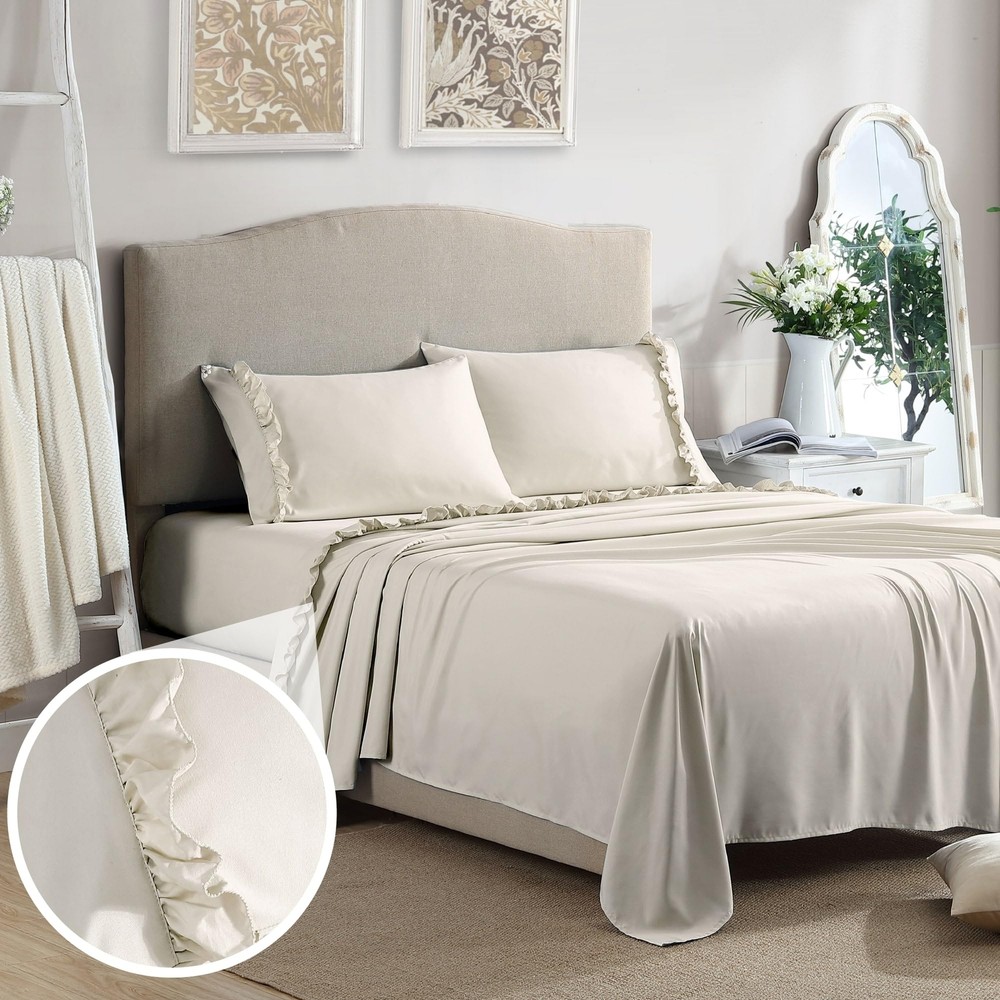Ultra-Soft Elegant 2-inch Ruffled Hem Design on Flat Sheet and Pillowcases, R...