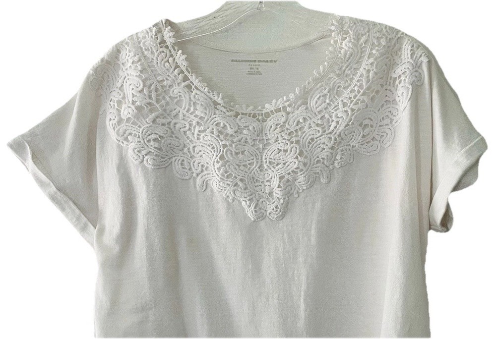 Allison Daley Women Petite Medium PM White Lace Embroidered Tie Front Top Shirt